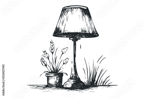 Rustic table lamp with flower pot illustration. Vector retro hand drawn illustration