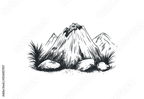Monochrome mountain landscape with rocks and vegetation illustration. Vector retro hand drawn illustration