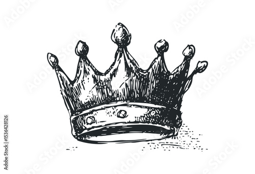 Hand-drawn crown sketch with ornate details and gem accents. Vector retro hand drawn illustration