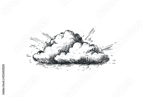 Detailed sketch of a fluffy cloud in black and white. Vector retro hand drawn illustration