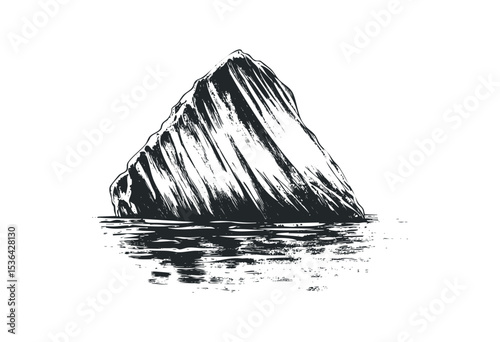 Monochrome iceberg illustration with water reflections. Vector retro hand drawn illustration