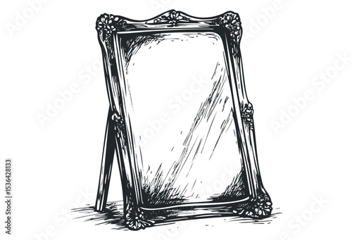 Ornate framed standing mirror sketch. Vector retro hand drawn illustration