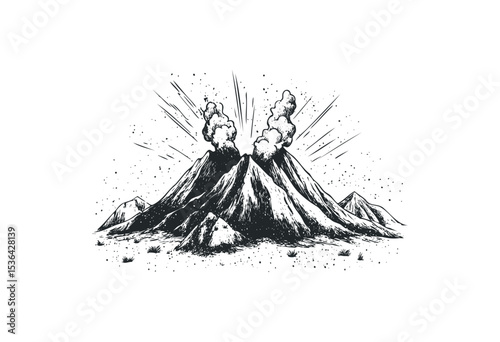 Erupting volcano with smoke and ash in pen illustration. Vector retro hand drawn illustration