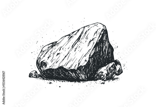 Large detailed stone with smaller rocks and textured surface. Vector retro hand drawn illustration