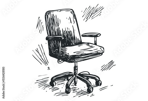 Hand-drawn office chair illustration with wheels and armrests. Vector retro hand drawn illustration