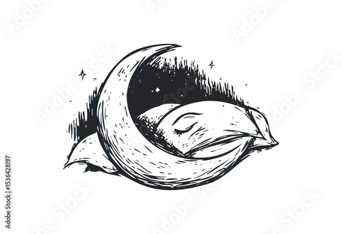 Dreaming fox resting beside crescent moon in nighttime illustration. Vector retro hand drawn illustration