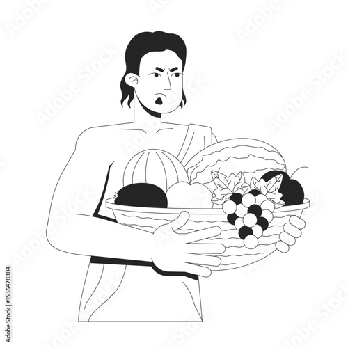 Displeased ancient man in toga holding fruit basket 2D line bible character. Old testament. Biblical farmer offering food abundance isolated vector ink outline person. Monochromatic spot illustration