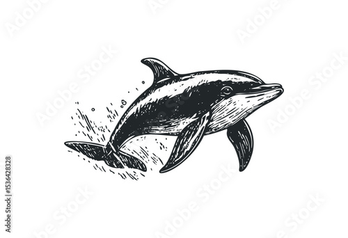 Detailed vintage dolphin in motion sketch with splashes. Vector retro hand drawn illustration