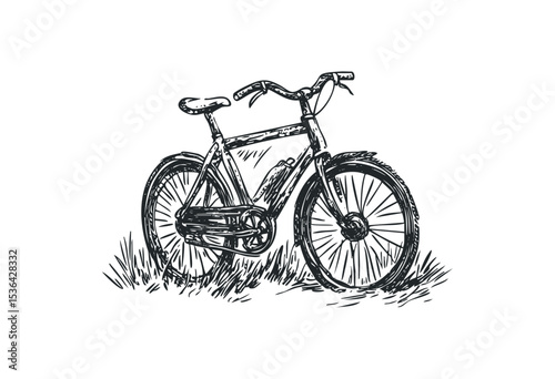 Hand-drawn bicycle sketch with detailed lines and grass elements. Vector retro hand drawn illustration