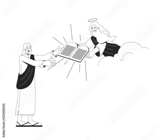 Moses receiving ten commandments from God 2D line bible characters. Divine figure in clouds handing stone tablets to robed man isolated vector ink outline people. Monochromatic spot illustration