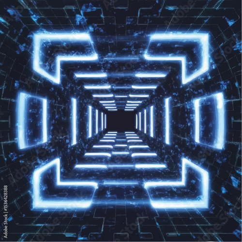 A futuristic digital tunnel made of glowing blue screens arranged in a spiral, cyberpunk style, neon reflections, sci-fi concept art.


