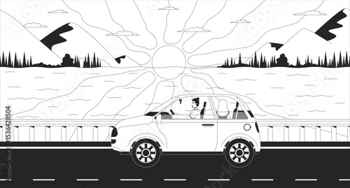 Roadtrip couple driving along scenic sunset lake highway lofi illustration outline. Evening car travel. Mountain lakeside road trip 2D ink linear lo fi drawing. Vector line art aesthetic wallpaper
