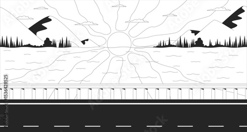 Sunset over mountain lake with roadside line illustration backdrop. Twilight summer road. Sun rays across water, lakeside highway dusk sky 2D ink outline monochrome lo-fi background. Lineart vector