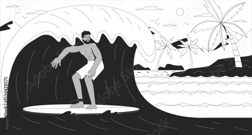Male surfer riding big ocean wave near tropical beach lofi illustration outline. Surfing culture. Summer activity. Surfboard man 2D ink linear flat lo fi drawing. Vector line art aesthetic wallpaper