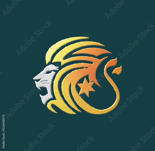 A powerful 3D lion head logo design with a roaring expression, metallic gold and silver finish, sharp detailed mane, shield-shaped badge, glowing neon highlights, modern esports or luxury brand emblem