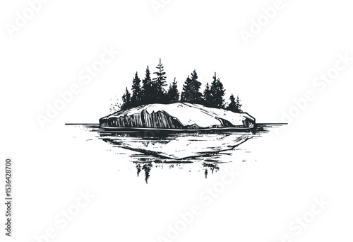 Illustration of a rocky island with pine trees and reflection in water. Vector retro hand drawn illustration