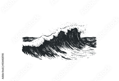 Hand-drawn ocean waves art with dynamic motion lines. Vector retro hand drawn illustration