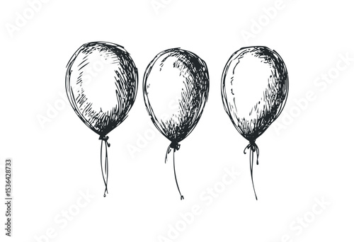 Hand-drawn trio of sketched balloons with tied strings. Vector retro hand drawn illustration