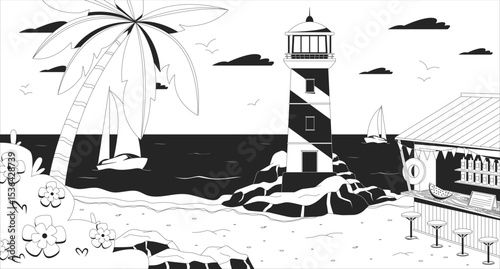 Sunset ocean bay lighthouse with beach bar lofi illustration outline. Sailing boats, palm tree. Coastal beacon tropical shore 2D ink linear flat lo fi drawing. Vector line art aesthetic wallpaper
