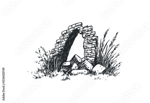 Ruined stone archway with wild grass and weeds in sketch style. Vector retro hand drawn illustration