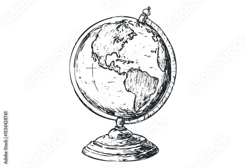 Detailed vintage globe sketch illustrating continents and oceans. Vector retro hand drawn illustration