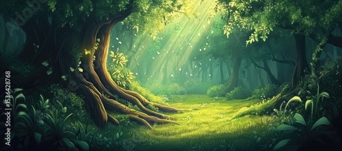 Sunlit fairytale forest