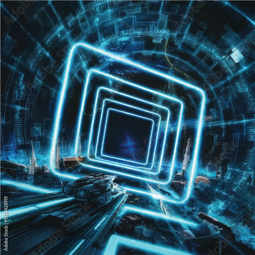 A futuristic digital tunnel made of glowing blue screens arranged in a spiral, cyberpunk style, neon reflections, sci-fi concept art.

