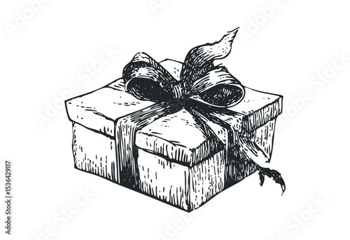 Hand-drawn gift box with ribbon and bow in vintage style. Vector retro hand drawn illustration
