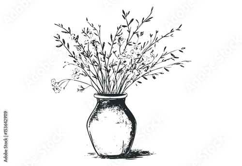 Hand-drawn vase with delicate wildflowers displaying artistic floral arrangement. Vector retro hand drawn illustration