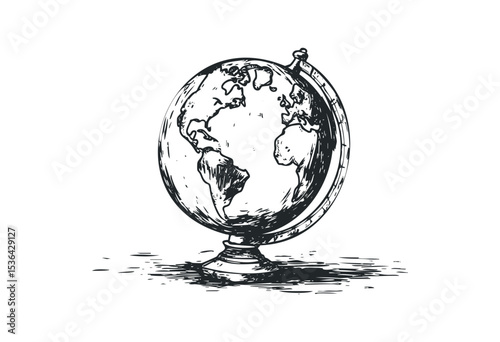 Hand-drawn vintage globe sketch with detailed continents and oceans. Vector retro hand drawn illustration