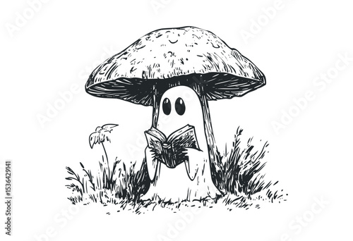 Cute mushroom character reading a book in nature with grass and flowers. Vector retro hand drawn illustration