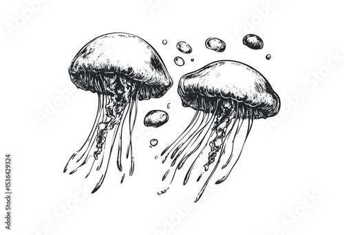 Ink drawing of two jellyfish with bubbles. Vector retro hand drawn illustration