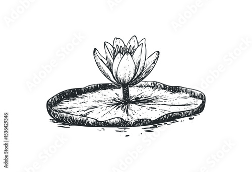 Detailed sketch of lotus flower on water lily pad. Vector retro hand drawn illustration