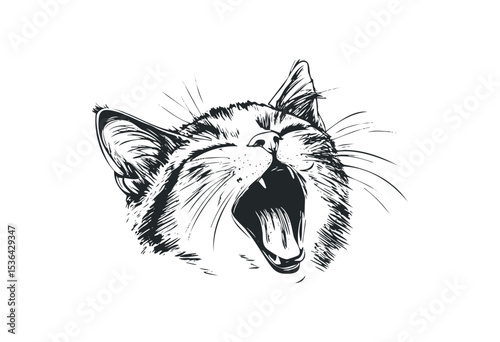 Sketch of yawning cat with open mouth and closed eyes. Vector retro hand drawn illustration