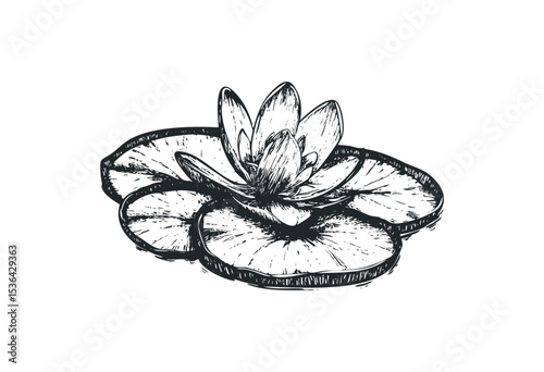 Hand-drawn lotus flower with leaves in black and white. Vector retro hand drawn illustration