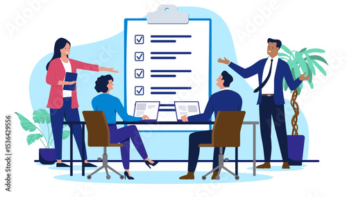 Businesspeople team in a meeting, reviewing a large checklist representing a business plan or project tasks, with colleagues working on laptops and presenting ideas. Flat design vector illustration