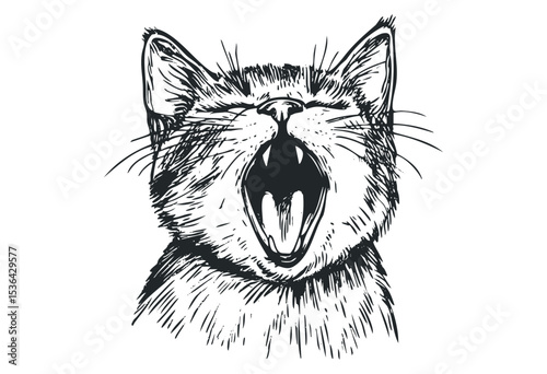 Detailed sketch of yawning cat with open mouth and whiskers. Vector retro hand drawn illustration