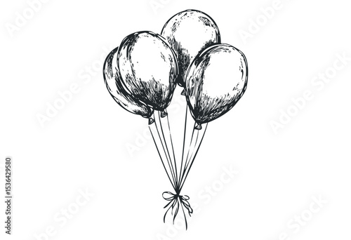 Hand-drawn sketch of balloon bouquet with five ribbons tied together. Vector retro hand drawn illustration