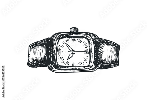 Vintage square wristwatch sketch with leather strap detailing. Vector retro hand drawn illustration