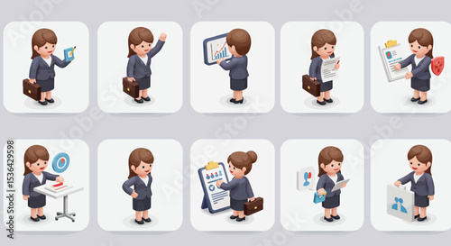 Isometric Cartoon Businesswoman Character in Different Poses and Activities Set