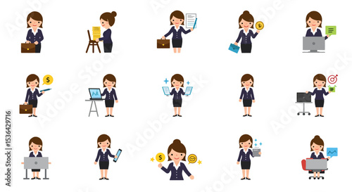 Flat Illustration of Businesswoman Character in Different Poses and Activity Set