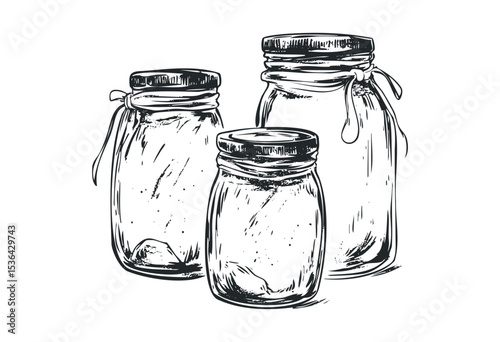 Three vintage glass mason jars with lids and strings in sketch style. Vector retro hand drawn illustration