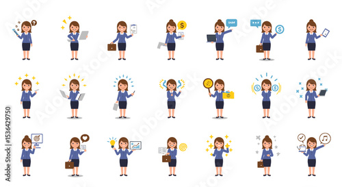 Flat Vector Businesswoman Character Various Activities and Presentations Illustration Set