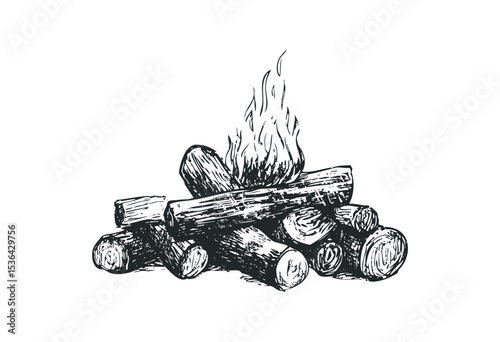 Hand-drawn campfire illustration with burning logs and flames. Vector retro hand drawn illustration
