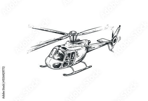 Detailed sketch of a helicopter with rotating blades in flight. Vector retro hand drawn illustration
