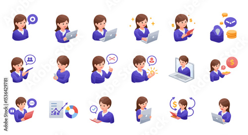Isometric Woman Working with Device and Money Icon Set Illustration