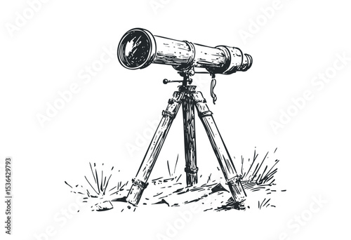 Vintage telescope on tripod with detailed engraving. Vector retro hand drawn illustration