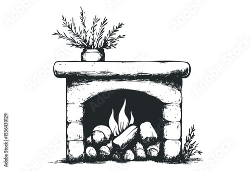 Rustic fireplace drawing with stones and plant decoration. Vector retro hand drawn illustration