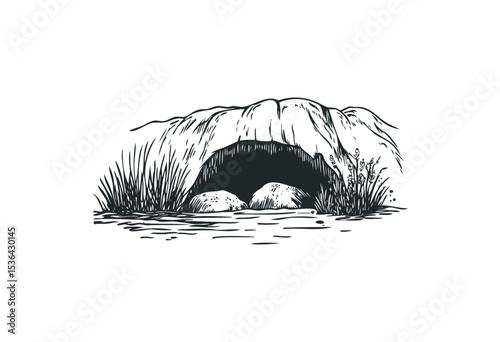 Illustration of a rocky cave entrance with surrounding vegetation. Vector retro hand drawn illustration
