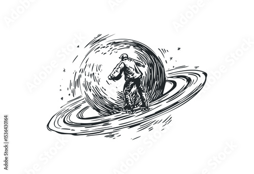 Surreal illustration of male skater riding planet with rings. Vector retro hand drawn illustration